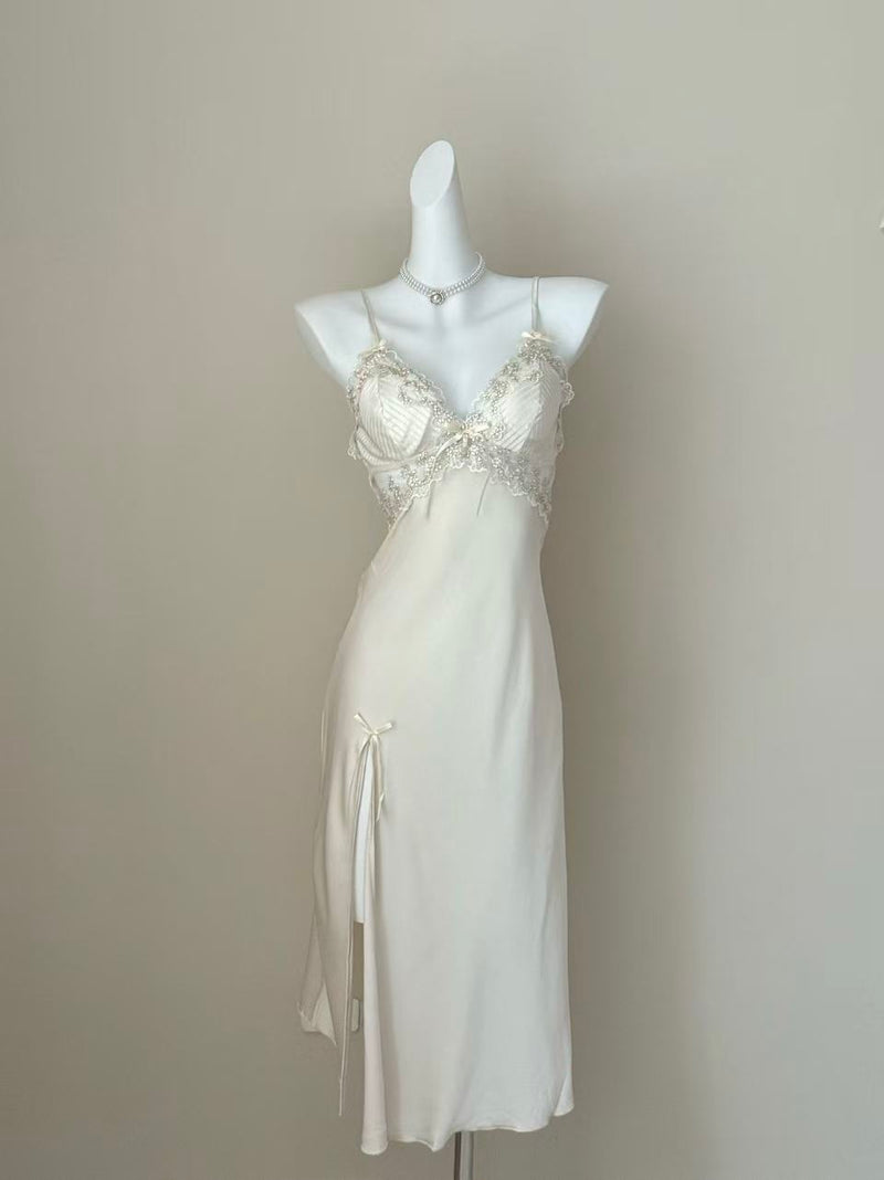 White Silk Lace Midi Chemise by Openme lingerie — The Lotus