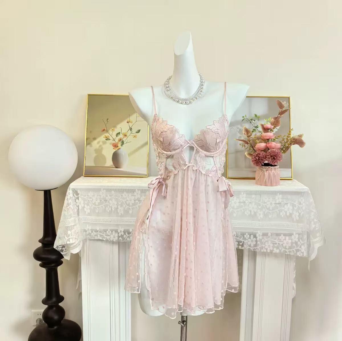 Pink & Black Lace V-Neck Chemise by Openme lingerie — Midnight Rose