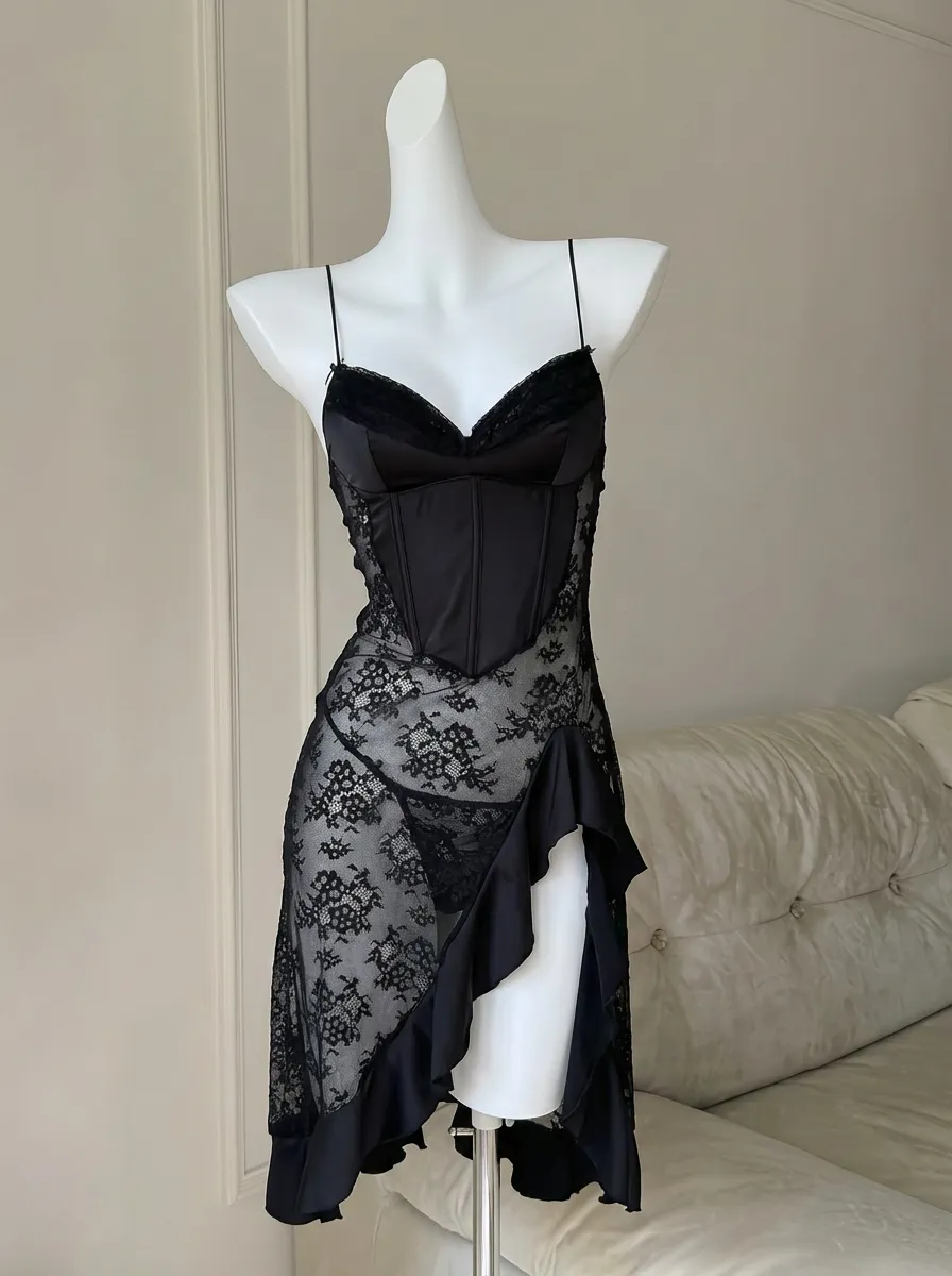 Pink & Black Sheer Lace Chemise by Openme lingerie — Velvet Secret